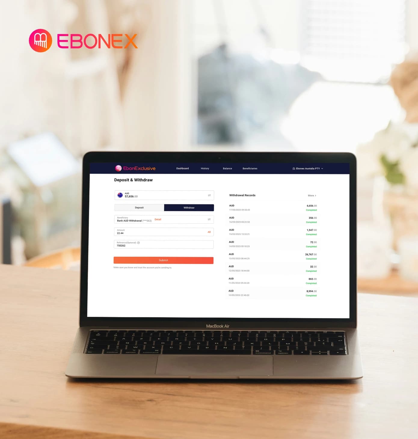 Ebonex platform on laptop